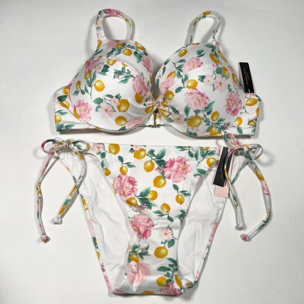 Victoria Secret 38C L Twist Front Push Up Bikini Top Bottom Set Lemon Print